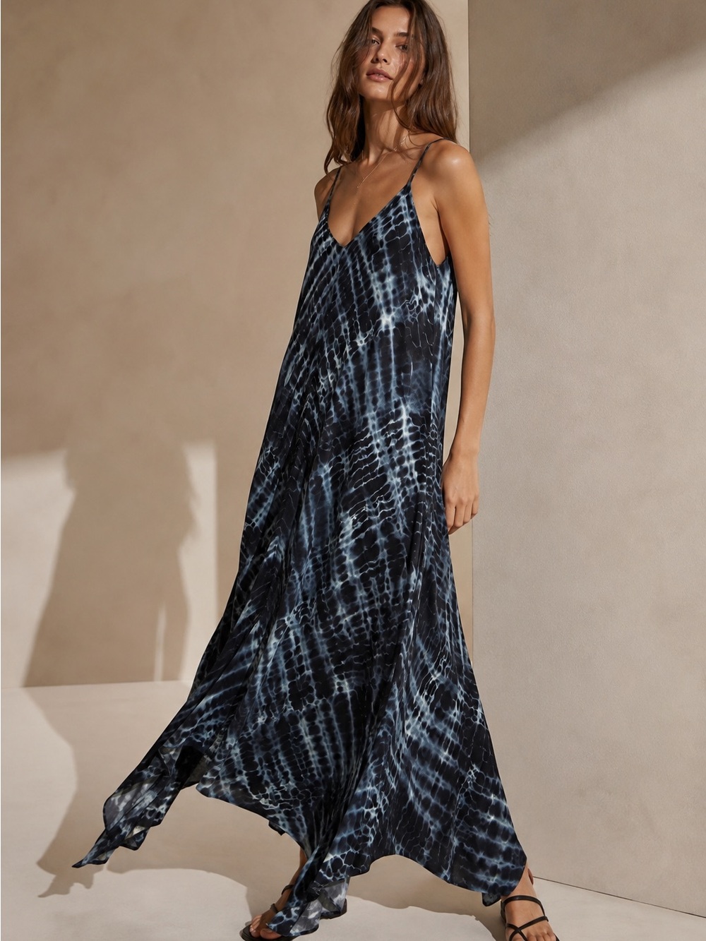 Acrobat 100% Silk Shibori Tie Dye Maxi Slip Dress Handkerchief Hem S